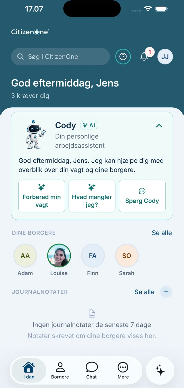 I dag i CitizenOne-appen: Cody tilbyder at forberede vagten, og dagens borgere og journalnotater står nedenunder.