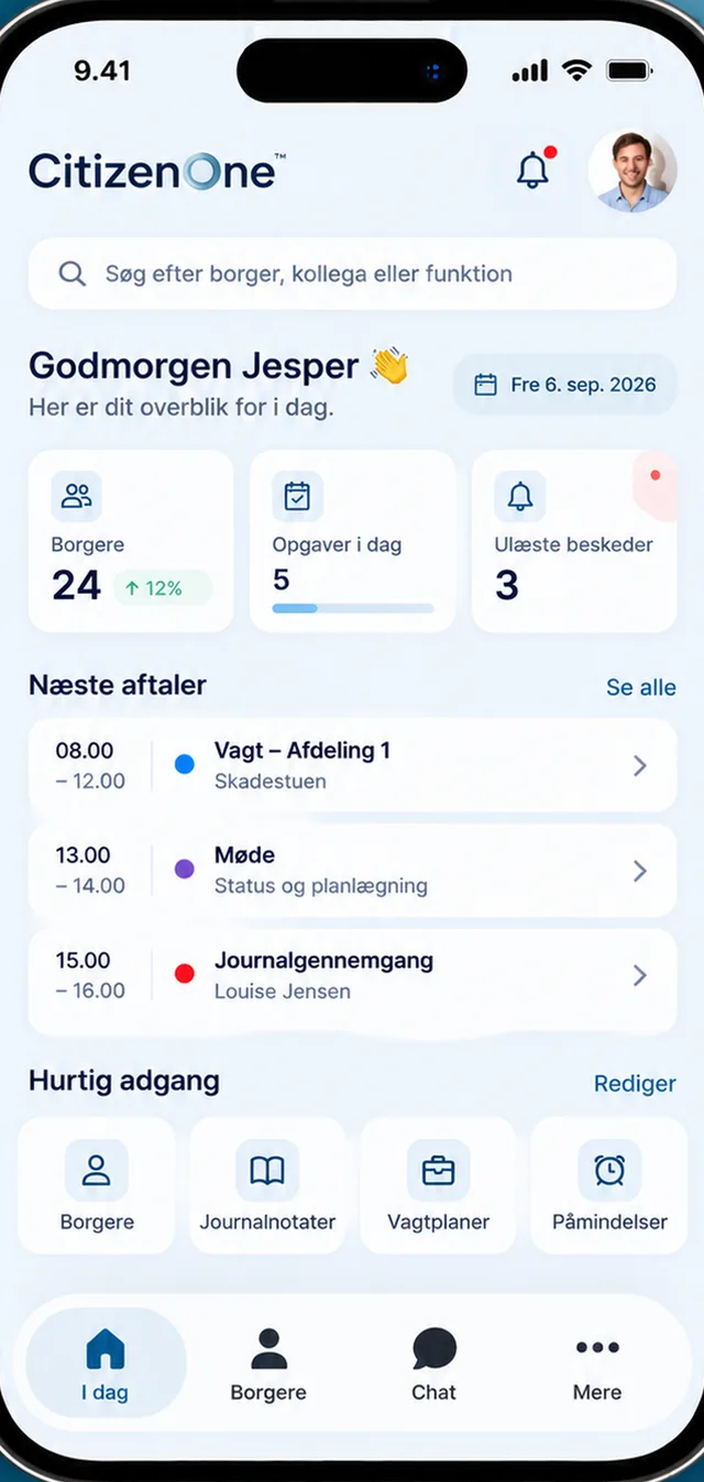 CitizenOne på en iPhone: I dag med dagens aftaler, opgaver og hurtig adgang.