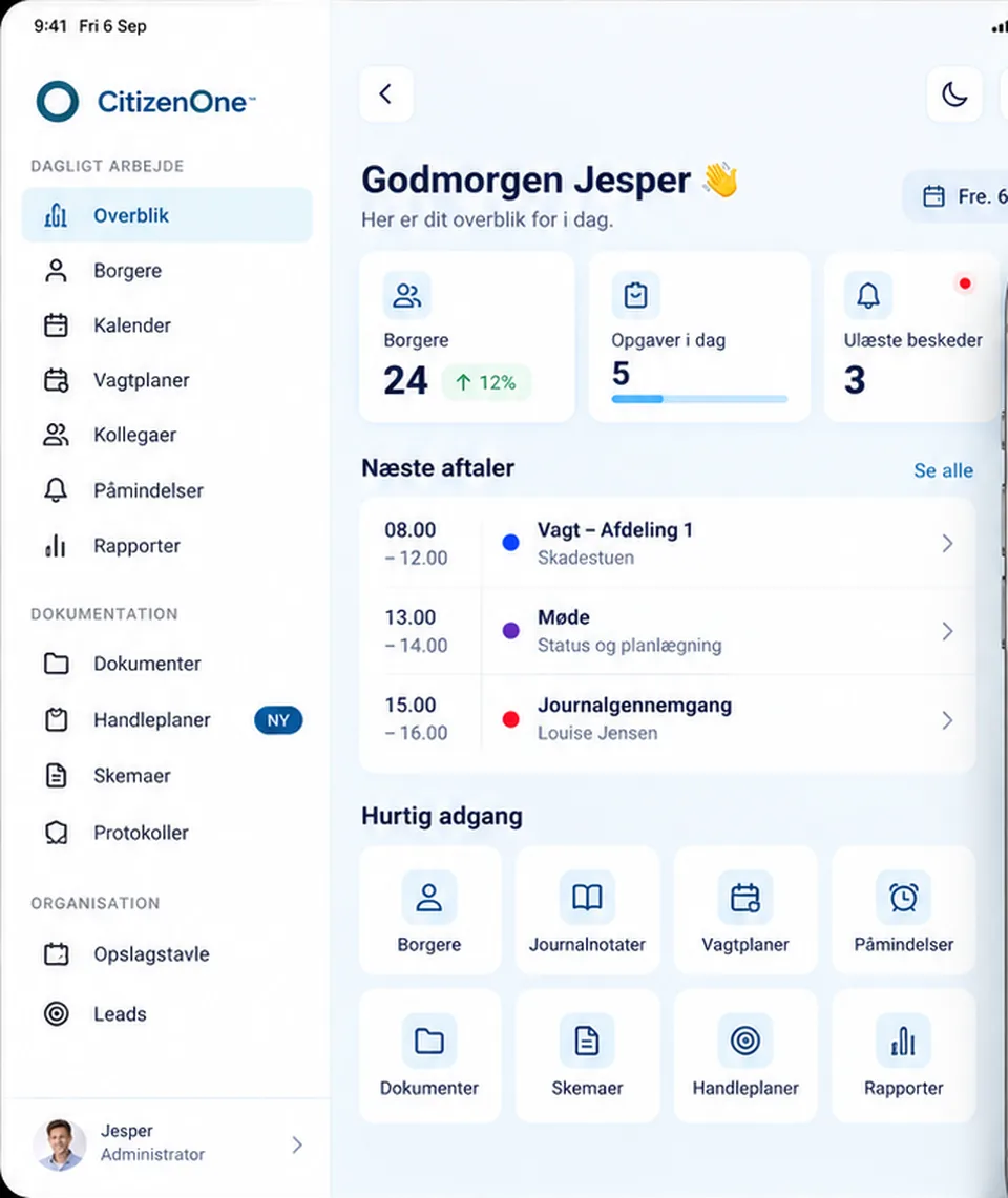 CitizenOne på en iPad: sidebjælken med moduler til venstre og dagens overblik med aftaler og hurtig adgang til højre.
