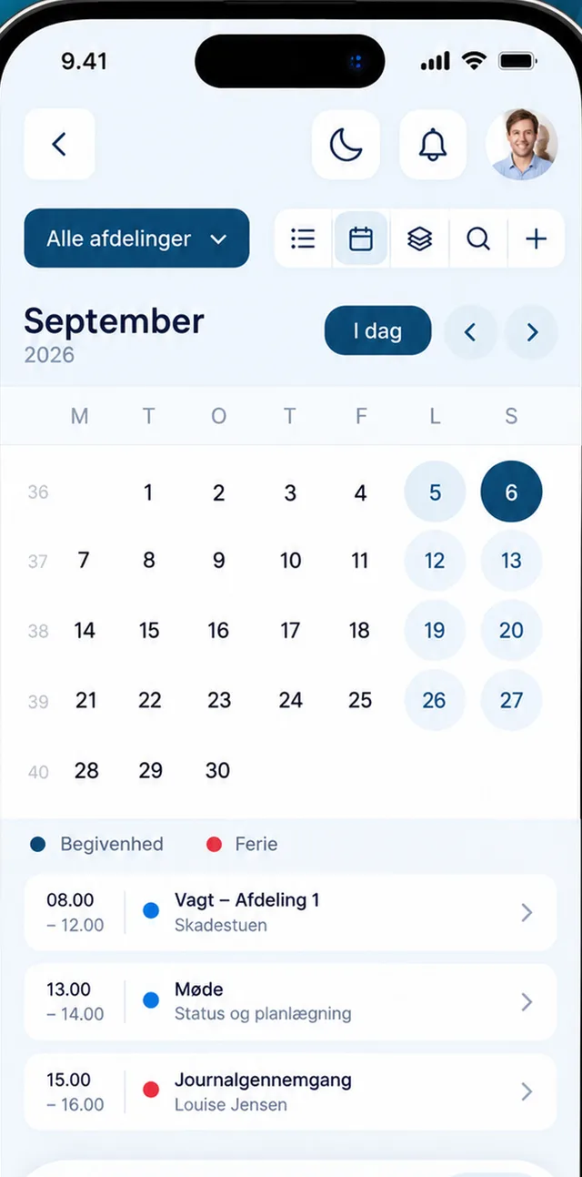 Kalenderen i CitizenOne-appen med månedsoversigt og dagens vagter og møder.