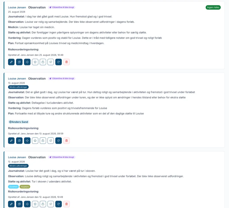 Tre journalnotater i CitizenOne, hver med afsnittene journalnotat, observation, støtte og aktivitet, vurdering og plan, med en markering af at CitizenOne AI blev brugt, en risikovurdering, en omtalt kollega og faglige tags.